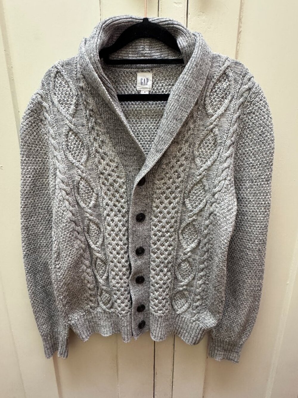 Gap Chunky Cable Knit Shawl Collar Cardigan Gray Aran Fisherman Sweater Size M
